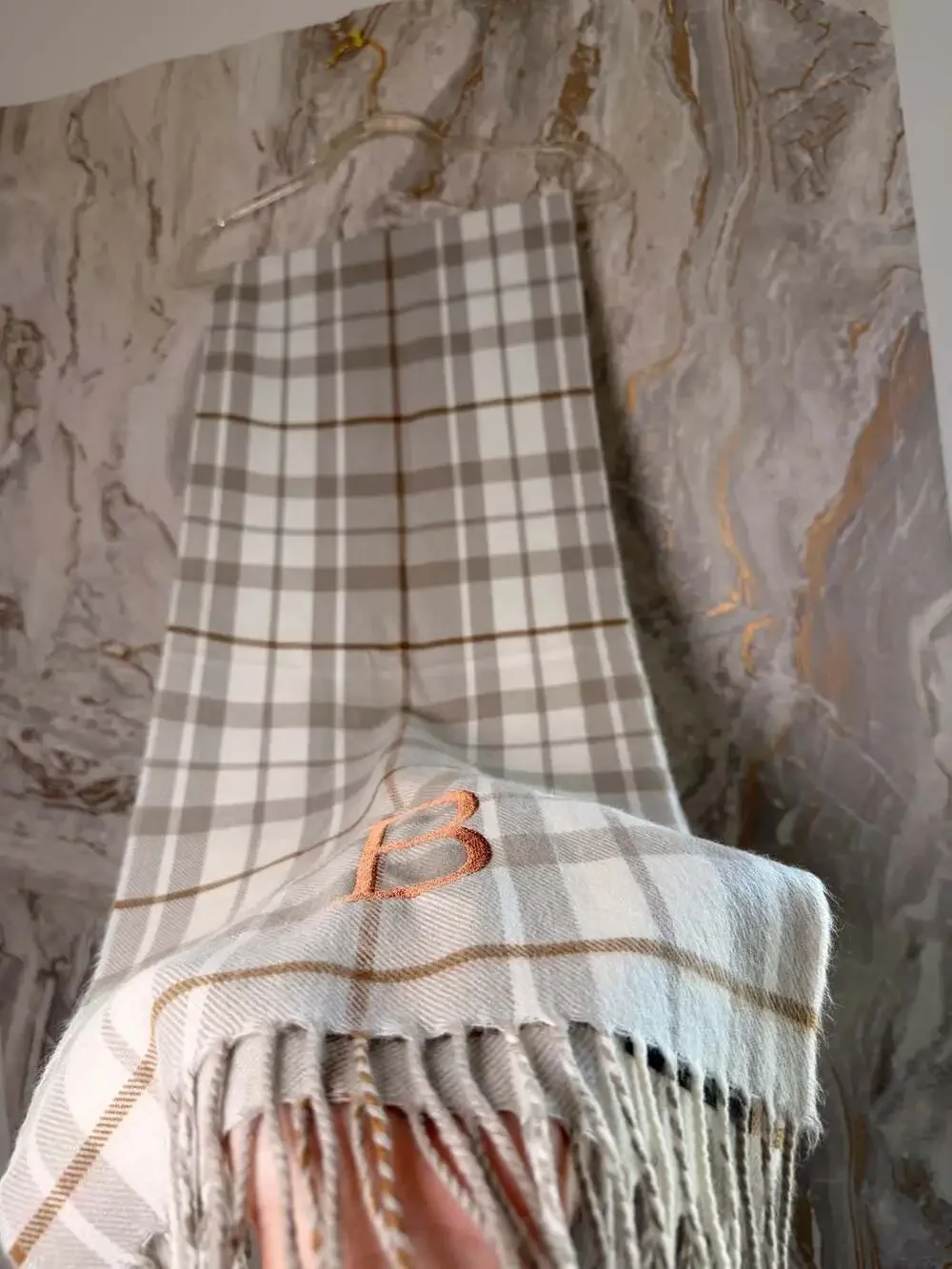 D&Y Softer Than Cashmere Tan White Plaid Fringe Scarf Embroidered Letter B